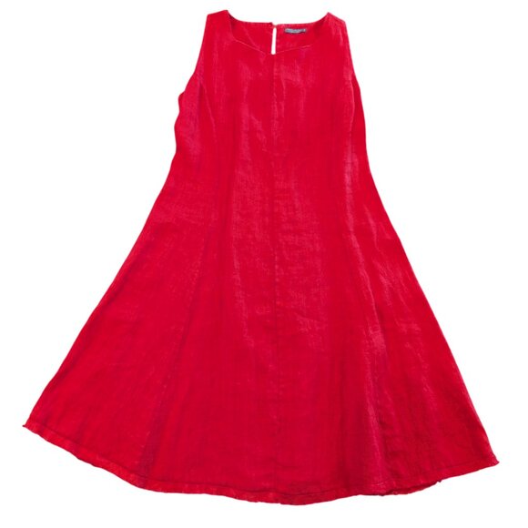 PIAZZA DEL TEMPIO 100% Linen Dress S Fit & Flare w/ Smocking Sleeveless Red Pink - Picture 1 of 9